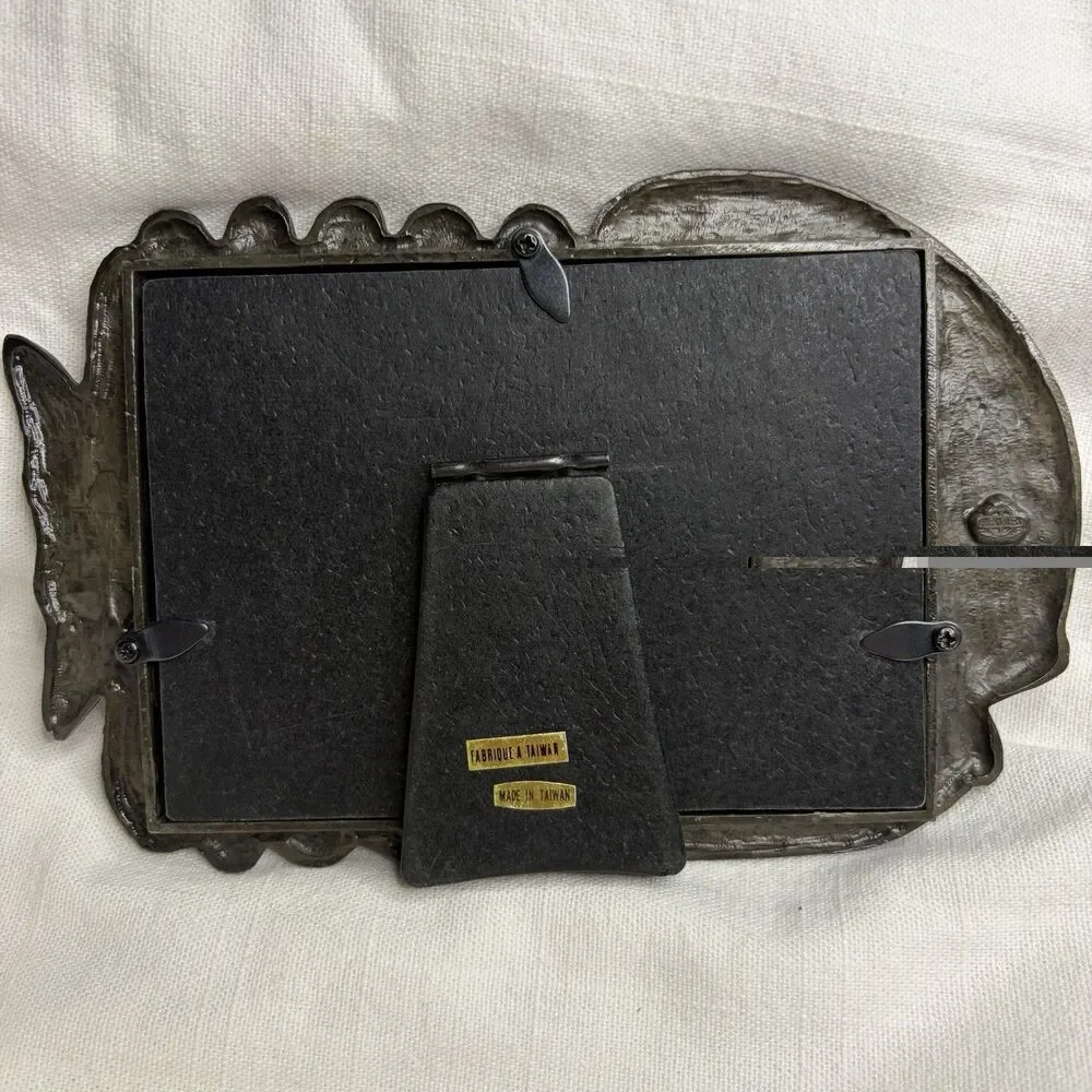 Vintage Cat Pet 3.5x5 Photo Frame Metal Pewter MEOW! Cat Mouse Fishbones Paws